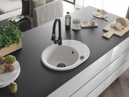 Mexen Kevin granite kitchen sink 1-bowl with drainer and kitchen faucet Elia, white - 6517-20-670101-70
