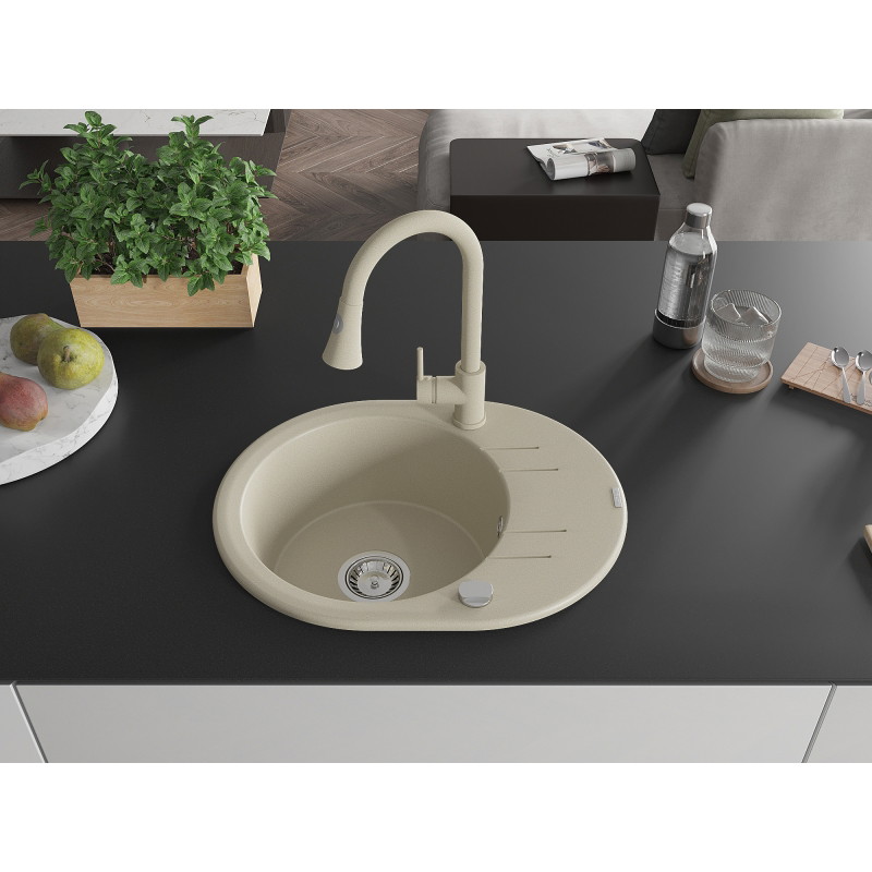 Mexen Kevin granite sink single bowl with drainer and Elia kitchen faucet, beige - 6517-69-670101-69