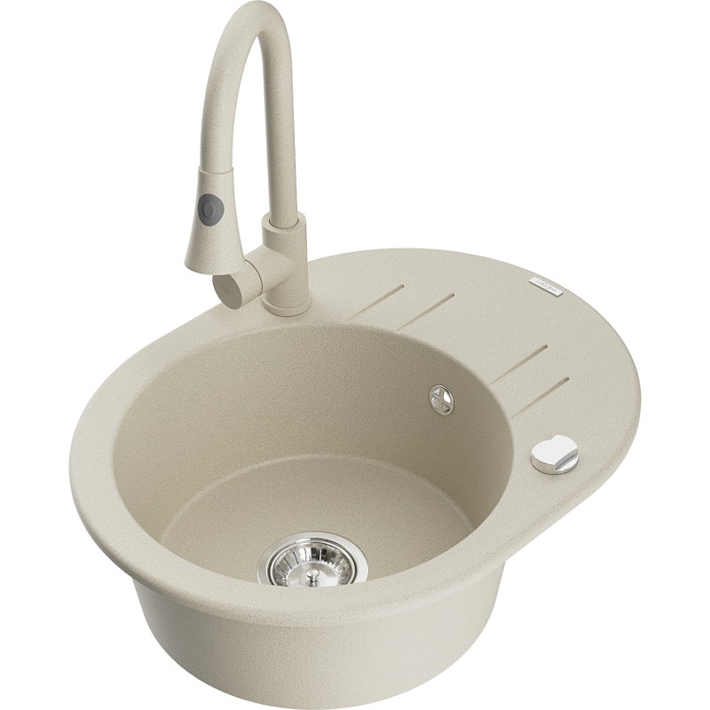 Mexen Kevin 1-bowl granite sink with a drainer and Elia kitchen faucet, beige - 6517-69-670101-69