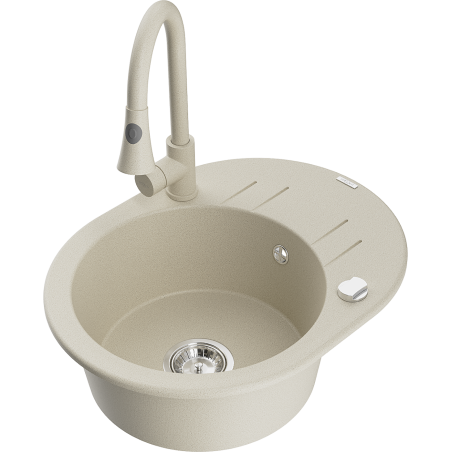 Mexen Kevin granite sink single bowl with drainer and Elia kitchen faucet, beige - 6517-69-670101-69