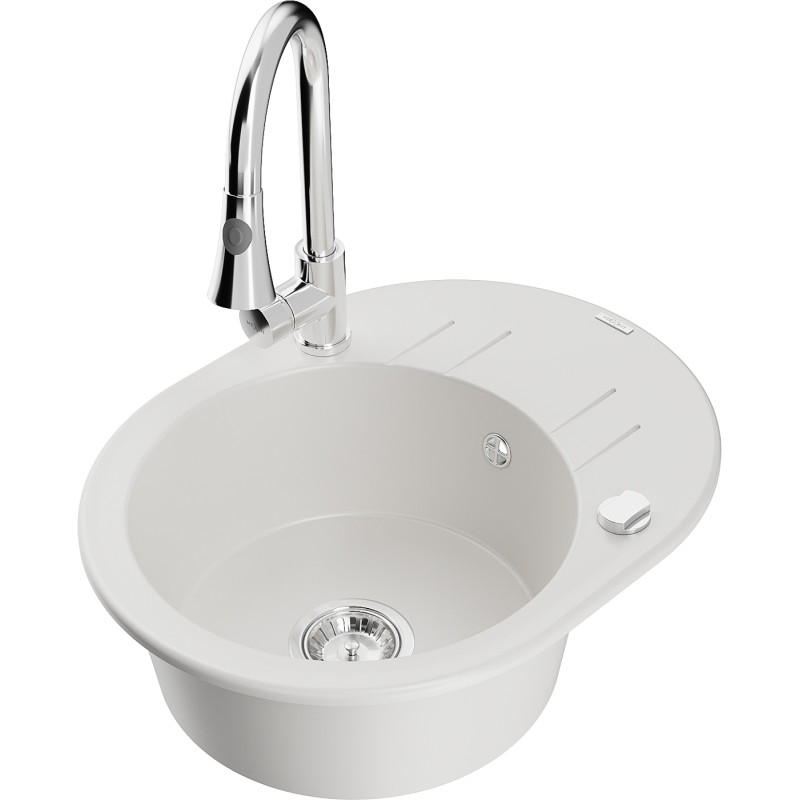 Mexen Kevin granite kitchen sink 1-bowl with drainer and kitchen faucet Elia, white - 6517-20-670101-00