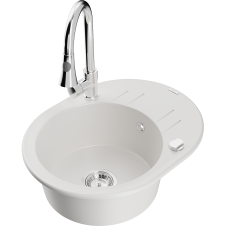 Mexen Kevin 1-bowl granite sink with drainer and Elia kitchen tap, white - 6517-20-670101-00