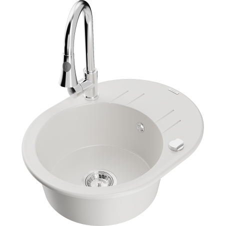 Mexen Kevin 1-compartment granite sink with a drip tray and kitchen mixer tap Elia, White - 6517-20-670101-00