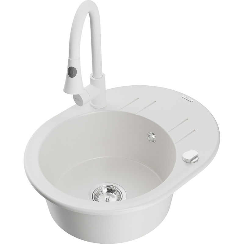 Mexen Kevin granite kitchen sink 1-bowl with drainer and Elia kitchen faucet, white - 6517-20-670101-20