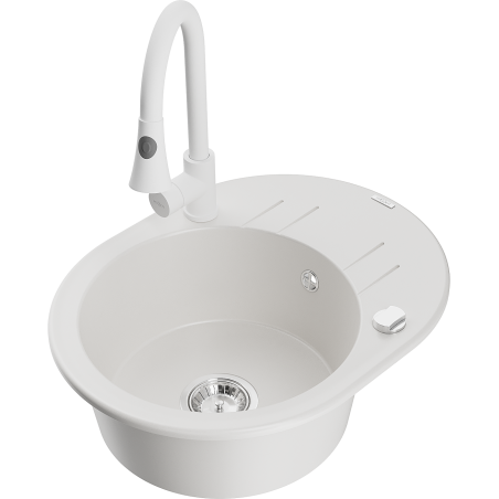 Mexen Kevin 1-Bowl Granite Sink with Drainer and Elia Kitchen Faucet, White - 6517-20-670101-20