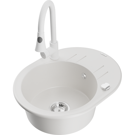 Mexen Kevin granite kitchen sink 1-bowl with drainer and Elia kitchen faucet, white - 6517-20-670101-20