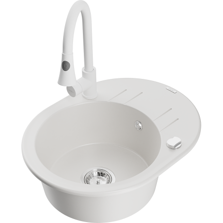 Mexen Kevin granite sink, 1-bowl with drainer and Elia kitchen tap, white - 6517-20-670101-20