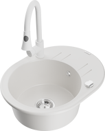 Mexen Kevin granite kitchen sink 1-bowl with drainer and Elia kitchen faucet, white - 6517-20-670101-20