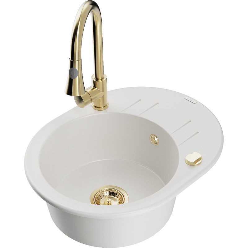 Mexen Kevin 1-bowl granite sink with drainer and kitchen faucet Elia, white - 6517-20-670101-50