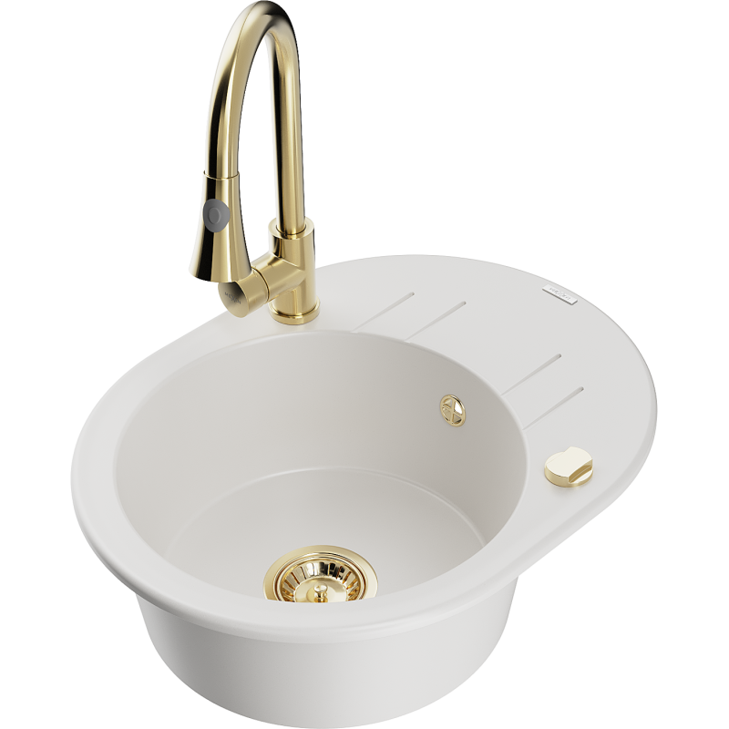 Mexen Kevin 1-compartment granite sink with a drip tray and kitchen mixer tap Elia, White - 6517-20-670101-50