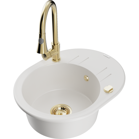 Mexen Kevin 1-compartment granite sink with a drip tray and kitchen mixer tap Elia, White - 6517-20-670101-50