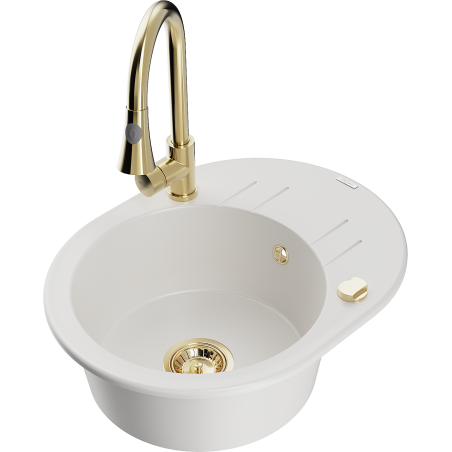 Mexen Kevin granite sink single-bowl with drainer and Elia kitchen tap, white - 6517-20-670101-50
