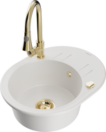 Mexen Kevin 1-bowl granite sink with drainer and kitchen faucet Elia, white - 6517-20-670101-50
