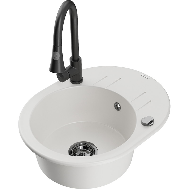 Mexen Kevin granite kitchen sink 1-bowl with drainer and kitchen faucet Elia, white - 6517-20-670101-70
