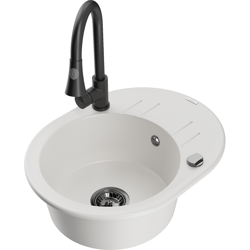 Mexen Kevin granite sink 1-bowl with drainer and Elia kitchen tap, white - 6517-20-670101-70