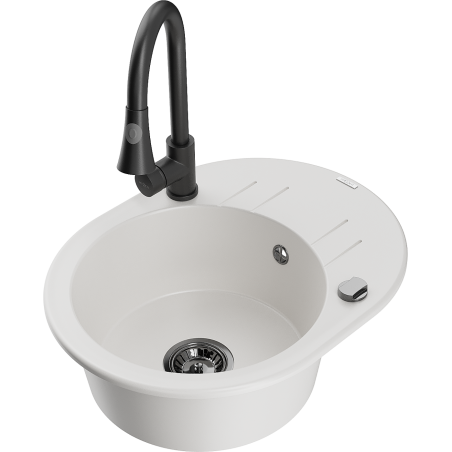 Mexen Kevin granite kitchen sink 1-bowl with drainer and kitchen faucet Elia, white - 6517-20-670101-70