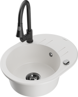 Mexen Kevin granite kitchen sink 1-bowl with drainer and kitchen faucet Elia, white - 6517-20-670101-70