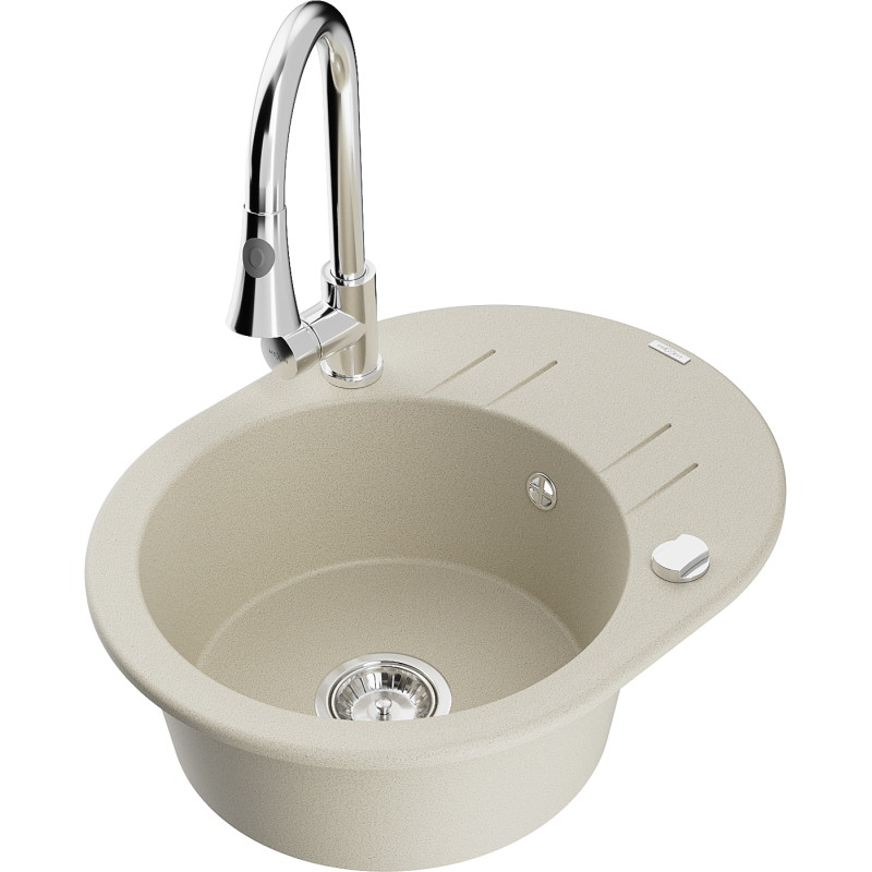 Mexen Kevin 1-bowl granite kitchen sink with drainer and Elia kitchen faucet, beige - 6517-69-670101-00