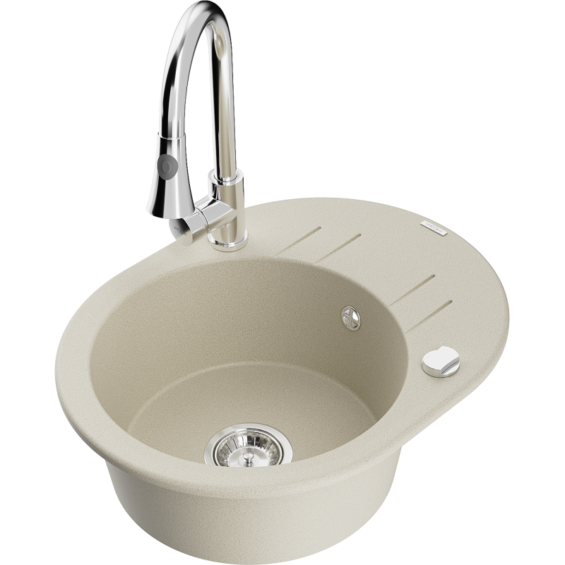 Mexen Kevin granite sink 1-bowl with drainer and Elia kitchen tap, beige - 6517-69-670101-00