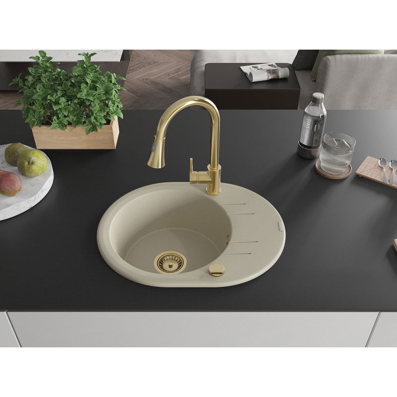 Mexen Kevin Granite Sink 1-Bowl with Drainer and Elia Kitchen Tap, Beige - 6517-69-670101-50