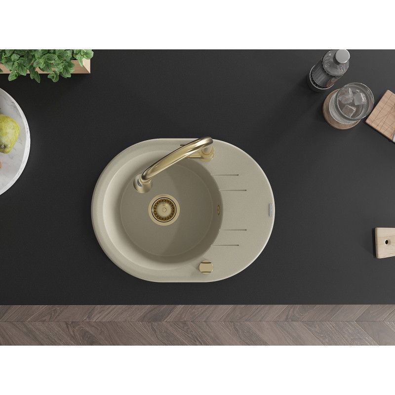 Mexen Kevin Granite Sink 1-Bowl with Drainer and Elia Kitchen Tap, Beige - 6517-69-670101-50