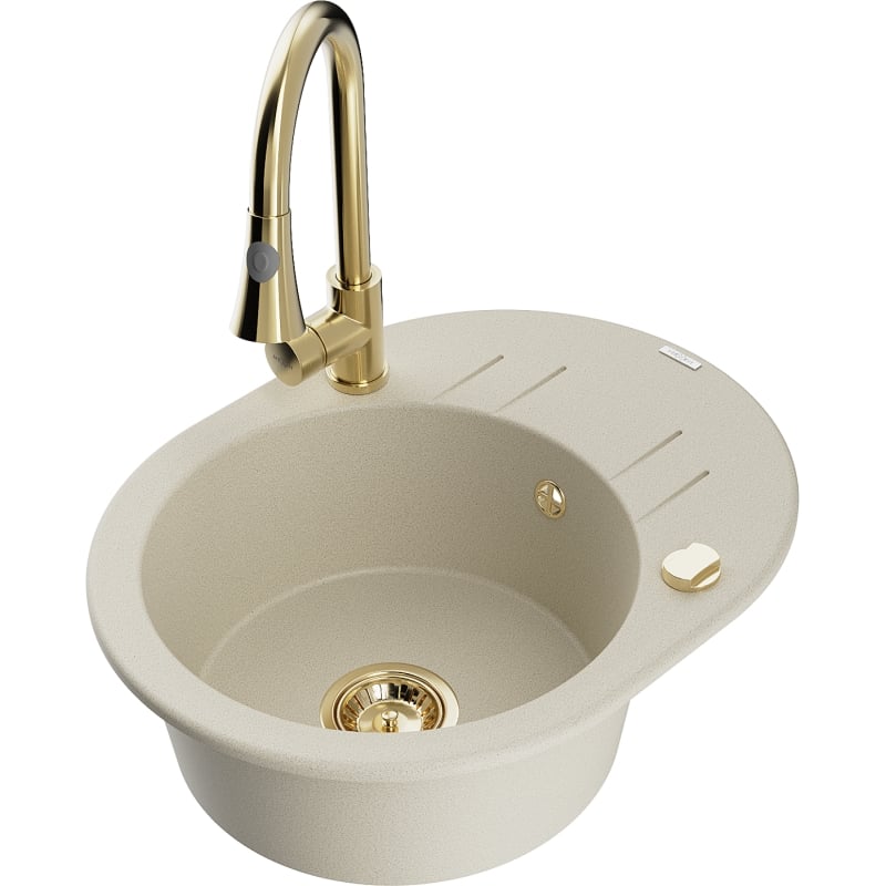 Mexen Kevin 1-bowl granite sink with drainer and kitchen faucet Elia, beige - 6517-69-670101-50
