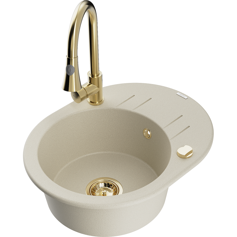 Mexen Kevin 1-compartment granite sink with a drip tray and kitchen mixer tap Elia, Beige - 6517-69-670101-50