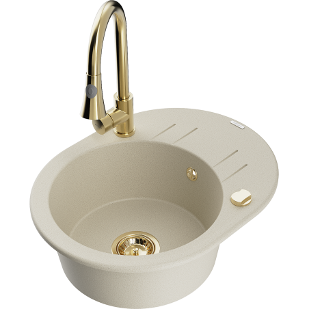 Mexen Kevin 1-bowl granite sink with drainer and kitchen faucet Elia, beige - 6517-69-670101-50
