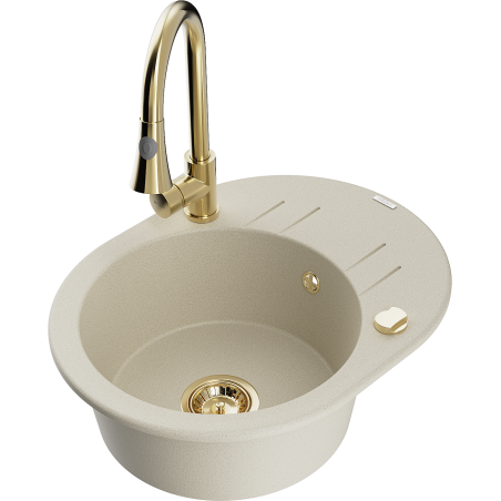 Mexen Kevin 1-compartment granite sink with a drip tray and kitchen mixer tap Elia, Beige - 6517-69-670101-50
