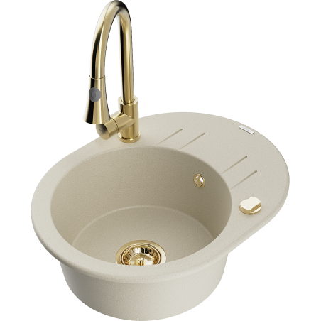 Mexen Kevin Granite Sink 1-Bowl with Drainer and Elia Kitchen Tap, Beige - 6517-69-670101-50