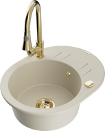 Mexen Kevin 1-bowl granite sink with drainer and kitchen faucet Elia, beige - 6517-69-670101-50