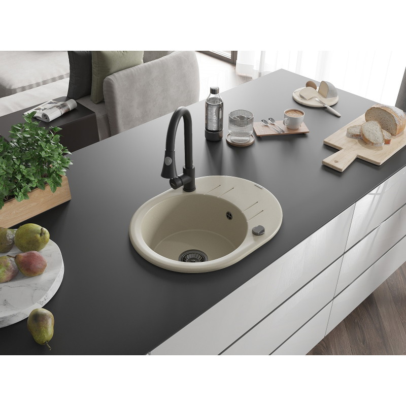 Mexen Kevin granite kitchen sink 1-bowl with drainer and Elia kitchen faucet, beige - 6517-69-670101-70