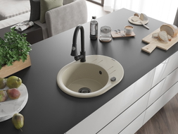 Mexen Kevin granite kitchen sink 1-bowl with drainer and Elia kitchen faucet, beige - 6517-69-670101-70
