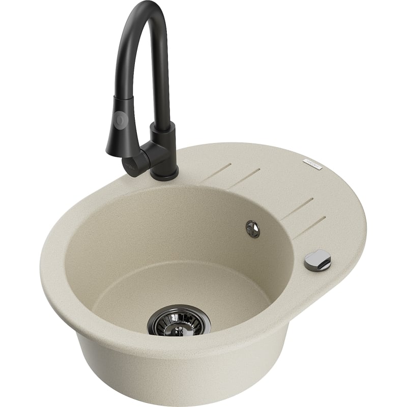Mexen Kevin granite kitchen sink 1-bowl with drainer and Elia kitchen faucet, beige - 6517-69-670101-70