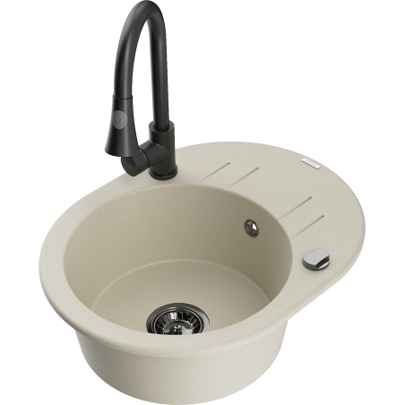Mexen Kevin granite kitchen sink 1-bowl with drainer and Elia kitchen faucet, beige - 6517-69-670101-70