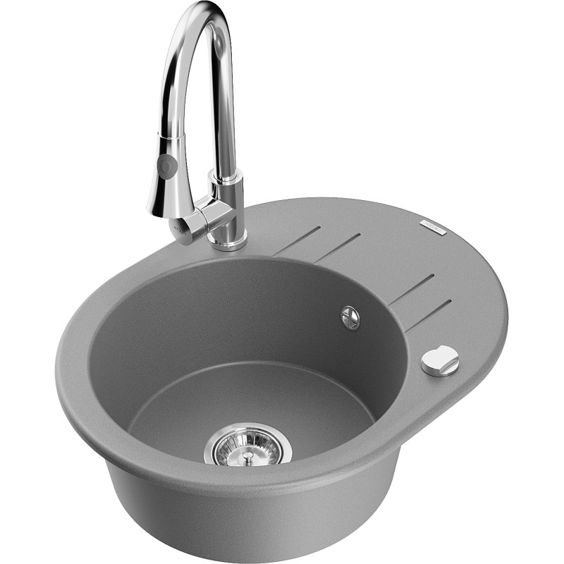 Mexen Kevin 1-bowl granite kitchen sink with drainer and Elia kitchen faucet, gray - 6517-71-670101-00