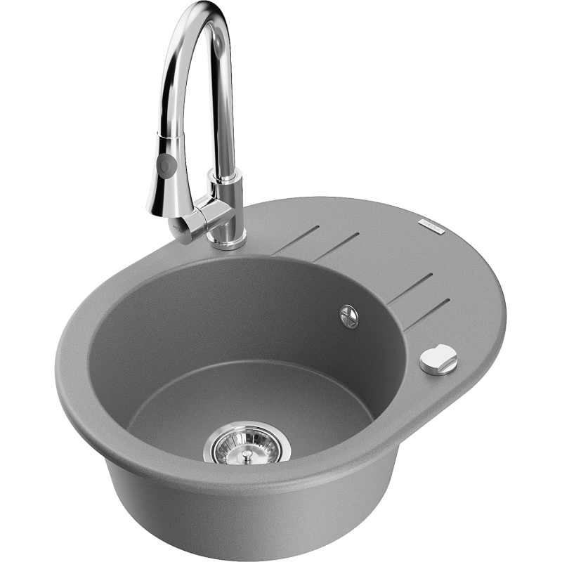 Mexen Kevin 1-bowl granite kitchen sink with drainer and Elia kitchen tap, grey - 6517-71-670101-00