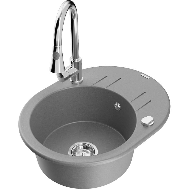 Mexen Kevin 1-compartment granite sink with a drip tray and kitchen mixer tap Elia, Grey - 6517-71-670101-00