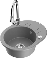 Mexen Kevin 1-bowl granite kitchen sink with drainer and Elia kitchen faucet, gray - 6517-71-670101-00