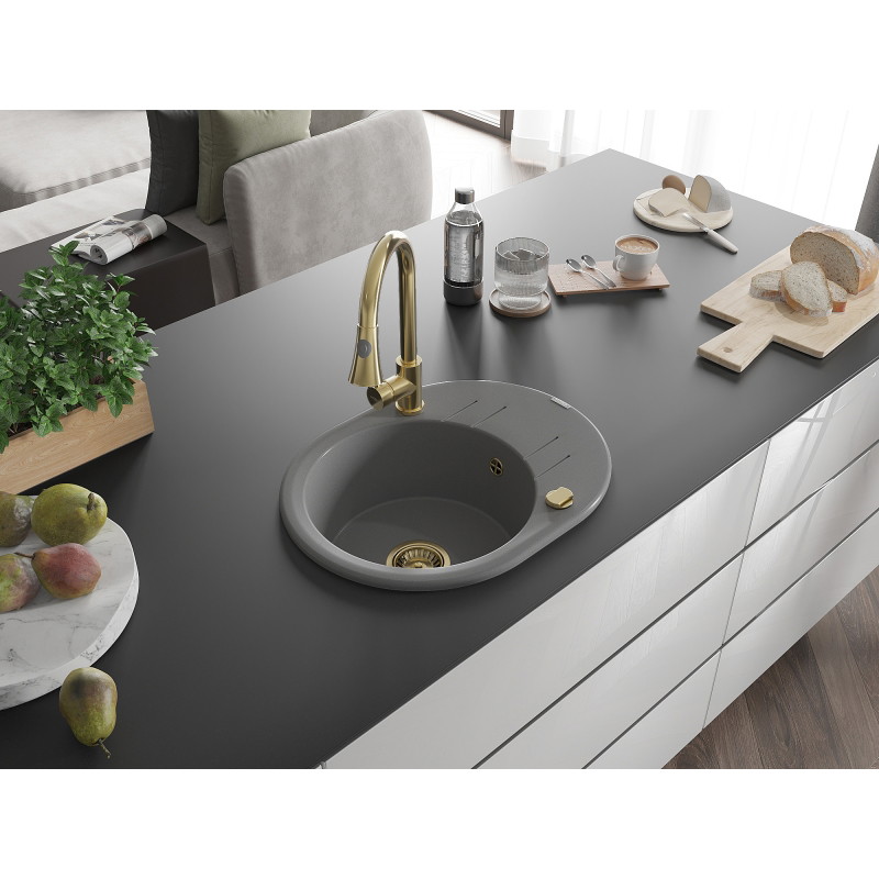 Mexen Kevin granite kitchen sink, 1-bowl with drainer and Elia kitchen faucet, gray - 6517-71-670101-50