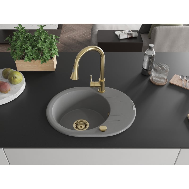 Mexen Kevin granite kitchen sink, 1-bowl with drainer and Elia kitchen faucet, gray - 6517-71-670101-50