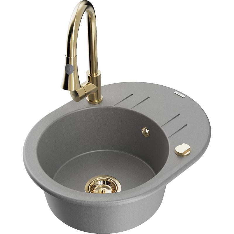 Mexen Kevin 1-bowl granite sink with drainer and Elia kitchen faucet, gray - 6517-71-670101-50