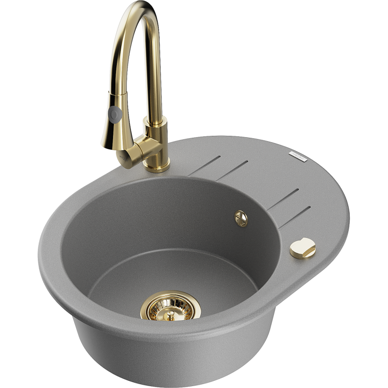 Mexen Kevin granite sink 1-bowl with drainer and Elia kitchen tap, grey - 6517-71-670101-50