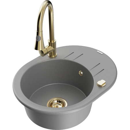 Mexen Kevin granite kitchen sink, 1-bowl with drainer and Elia kitchen faucet, gray - 6517-71-670101-50