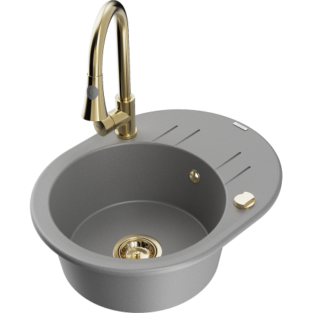 Mexen Kevin granite sink 1-bowl with drainer and Elia kitchen tap, grey - 6517-71-670101-50