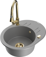 Mexen Kevin 1-bowl granite sink with drainer and Elia kitchen faucet, gray - 6517-71-670101-50
