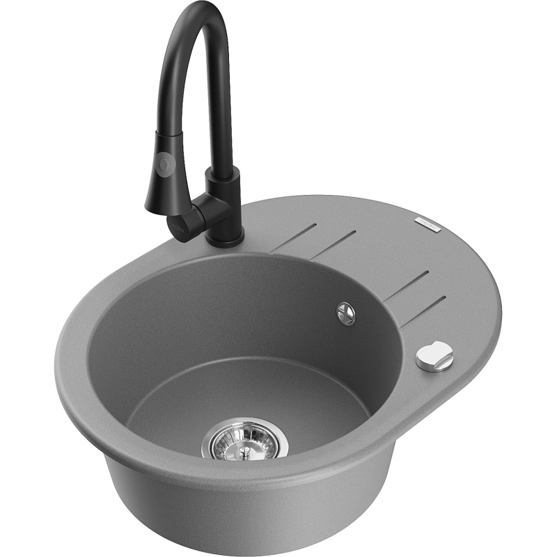 Mexen Kevin 1-bowl granite sink with drainer and Elia kitchen tap, grey - 6517-71-670101-70