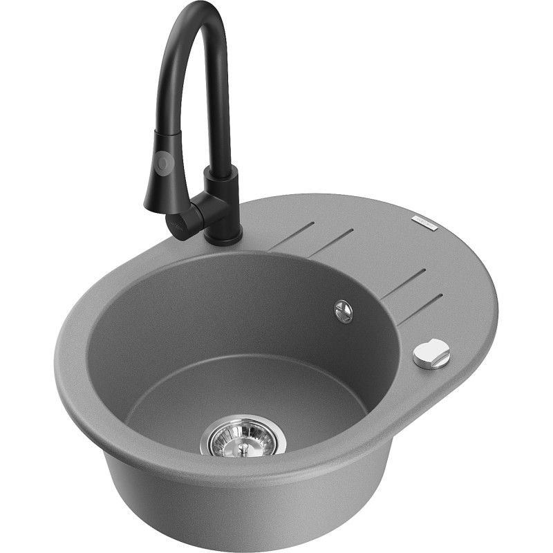 Mexen Kevin granite sink 1-bowl with drainer and kitchen faucet Elia, gray - 6517-71-670101-70