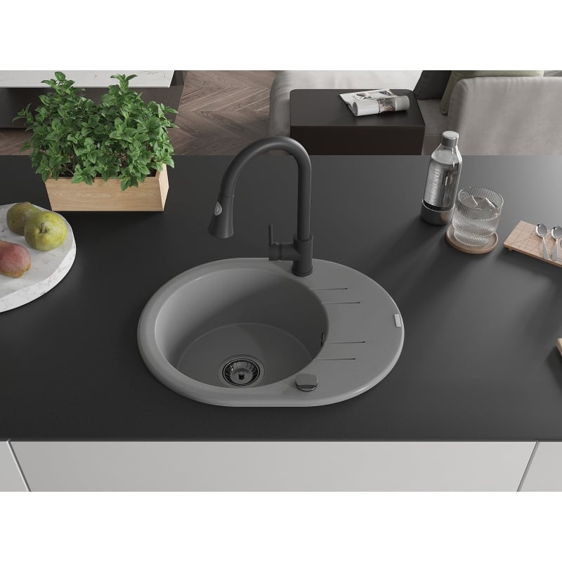 Mexen Kevin 1-bowl granite sink with drainer and Elia kitchen faucet, gray - 6517-71-670101-70-B