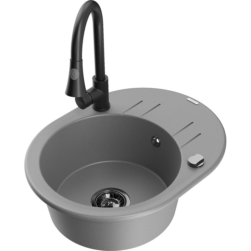 Mexen Kevin 1-bowl granite sink with drainer and Elia kitchen faucet, gray - 6517-71-670101-70-B